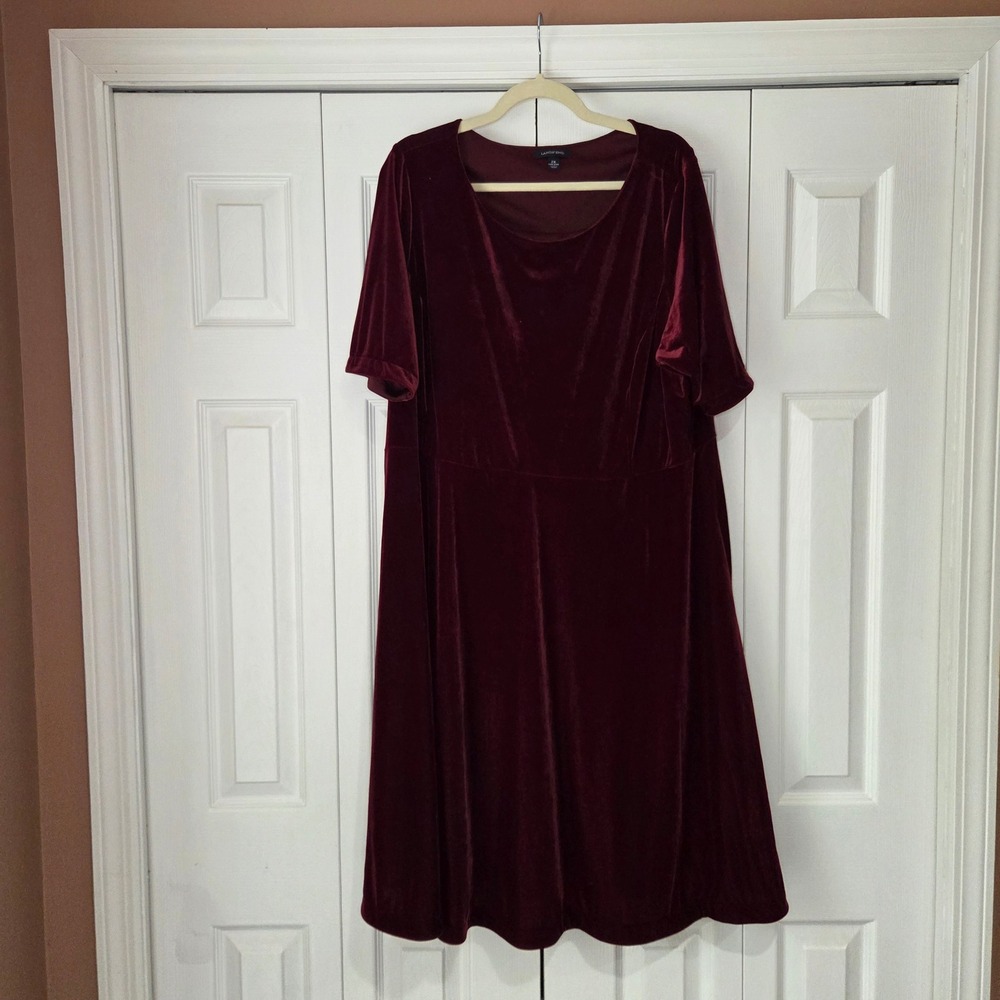 Lands' End Velvet Dress 2X Burgundy Short Sleeve Scoop Neck Midi EUC